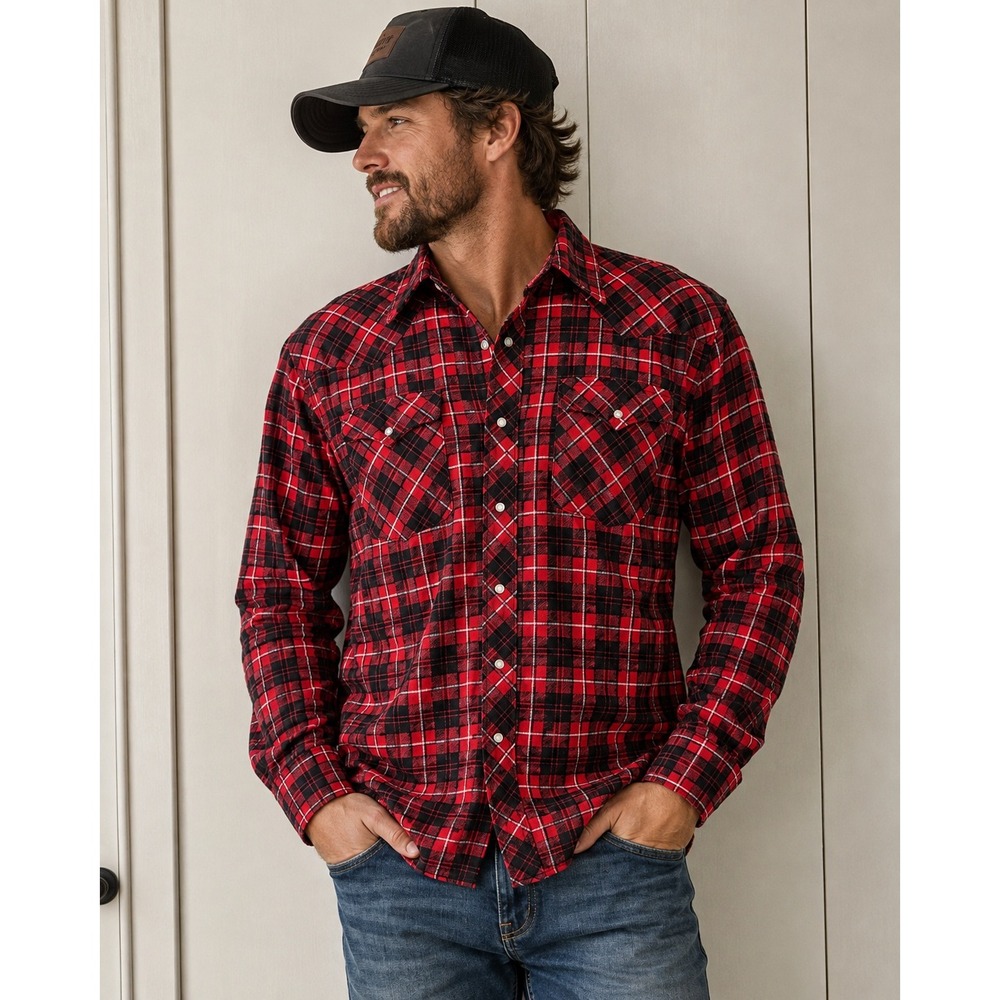 Wrangler Wrancher snap Shirt Mens Med Red Black Plaid Flannel Western workwear
